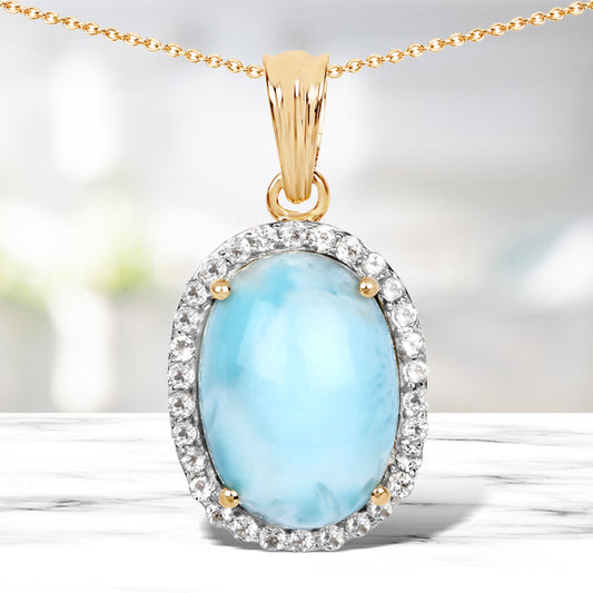 14K Yellow Gold Plated 13.55 Carat Genuine Larimar and White Topaz .925 Sterling Silver Pendant
