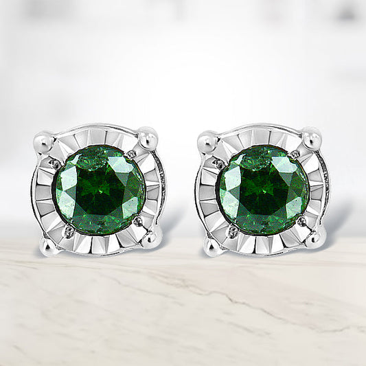Sterling Silver Rose Cut Treated Green Diamond Solitaire Stud Earrings (0.25 cttw, Green Color, I2-I3 Clarity)
