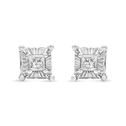 .925 Sterling Silver 1/4 Cttw Miracle Set Princess-Cut Diamond Solitaire Stud Earrings with Hidden Halo (I-J Color, SI2-I1 Clarity)