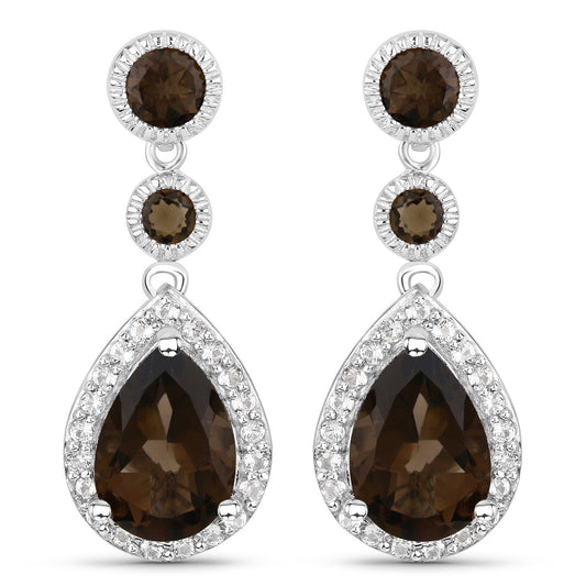 7.34 Carat Genuine Smoky Quartz and White Topaz .925 Sterling Silver Earrings