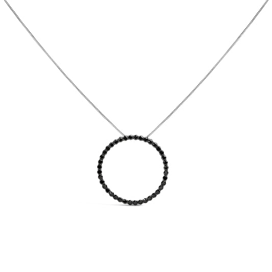 .925 Sterling Silver 4.0 Cttw Black Diamond Open Hoop Circle 18" Pendant Necklace (Black Color, I2-I3 Clarity)