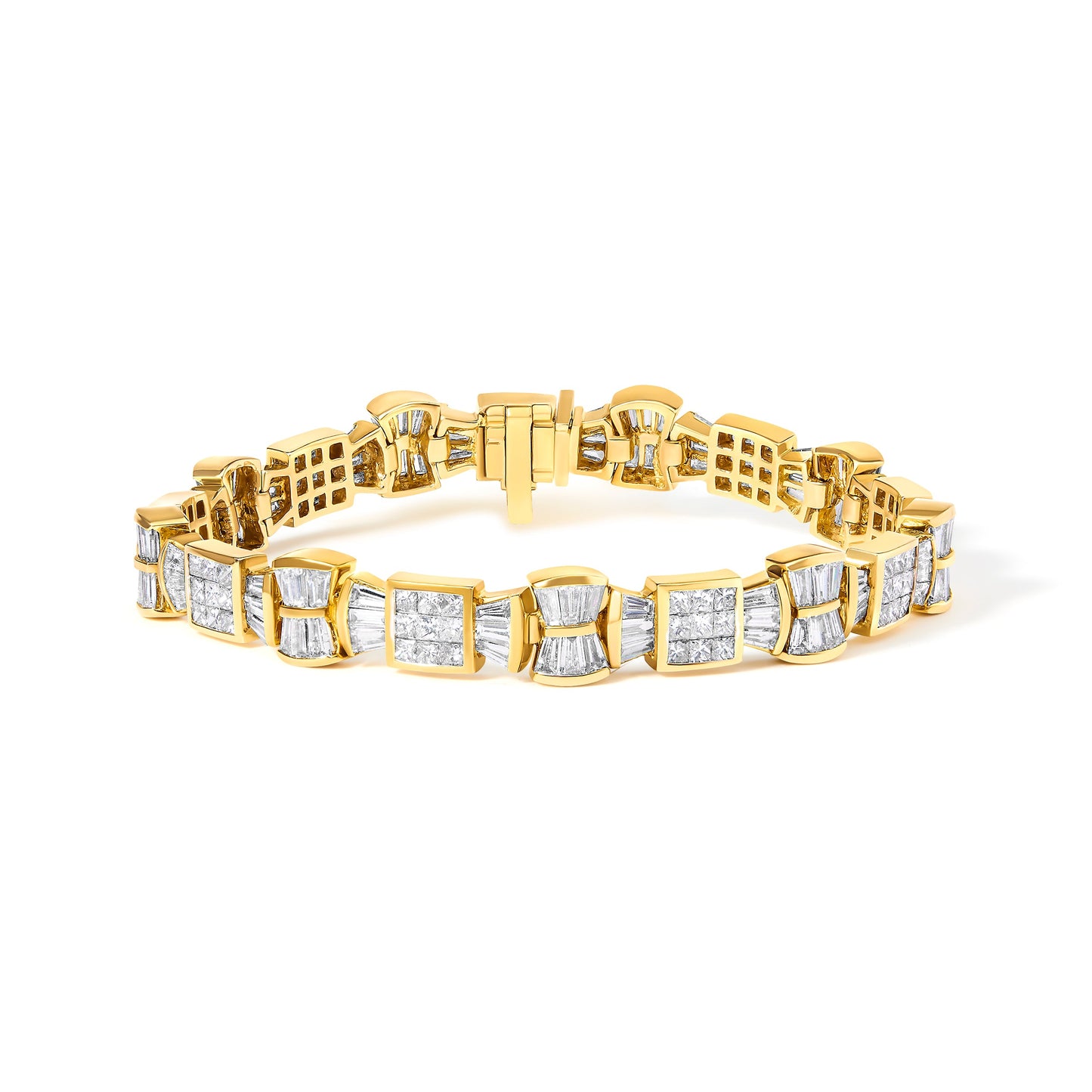 14K Yellow Gold 9 7/8 Cttw Princess and Baguette Diamond Bow and Box Link Tennis Bracelet (G-H Color, VS1-VS2 Clarity) - 7" Inches