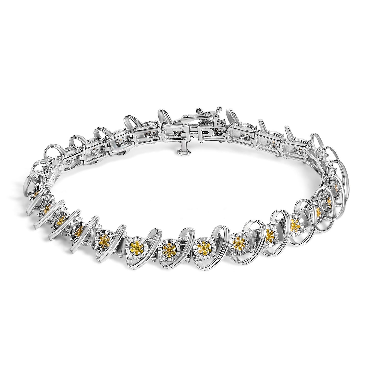 .925 Sterling Silver 3/4 Cttw Yellow Diamond Illusion Plate Looped Link Bracelet