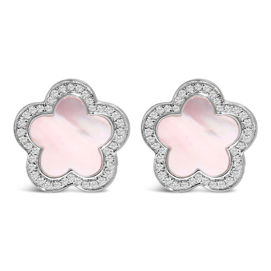 14K White Gold Mother of Pearl and 1/5 Cttw Diamond Halo Star Stud Earrings