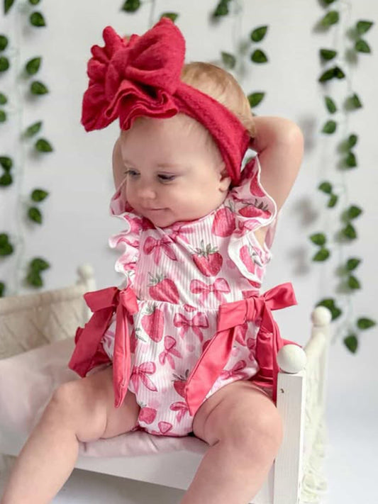 Summer Strawberry Bow Baby Girl Romper