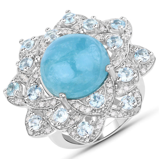 12.72 Carat Genuine Aquamarine and White Diamond .925 Sterling Silver Ring