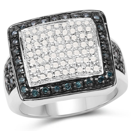 0.64 Carat Genuine White Diamond and Blue Diamond .925 Sterling Silver Ring