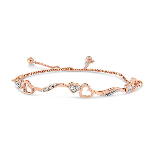 14K Rose Gold Plated .925 Sterling Silver 1/10 Cttw Diamond Wave and Hearts 4â€-10â€ Adjustable Bolo Bracelet (I-J Color, I3 Clarity)