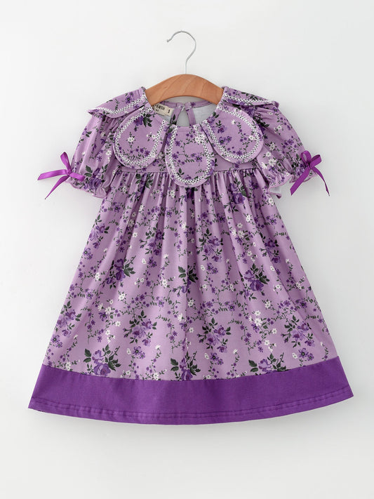 Purple Floral Girls Dress Bow Petal Collar Ruffle Hem Dress