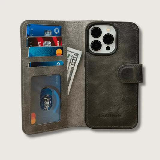 iPhone 16 Series Grey Leather Wallet Case - New York