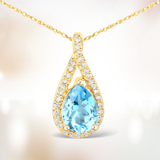 0.89 Carat Genuine Swiss Blue Topaz and White Diamond 14K Yellow Gold Pendant