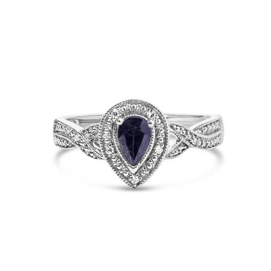 .925 Sterling Silver 6x4mm Pear Sapphire Gemstone with Diamond Accent Fashion Halo Ring (H-I Color, SI1-SI2 Clarity) - Size 7