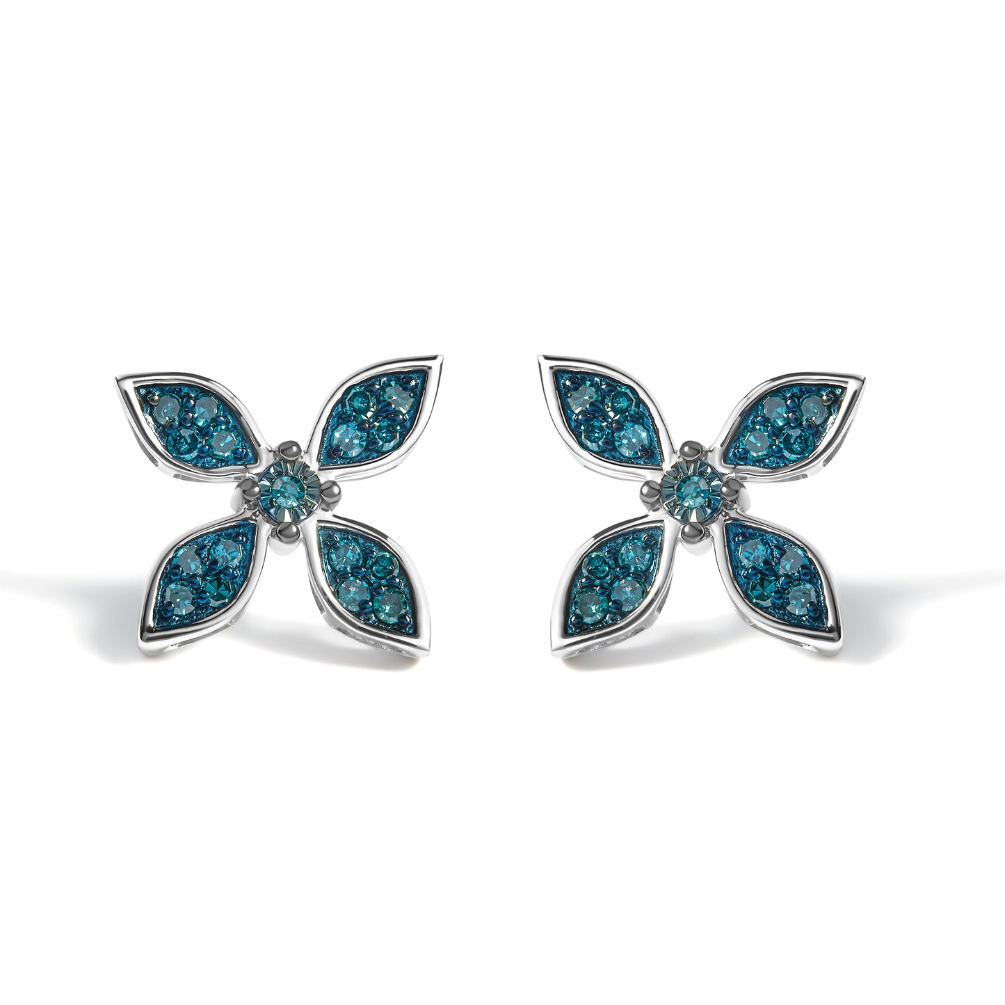 .925 Sterling Silver 1/3 Cttw Blue Diamond Floral Earrings