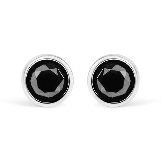 .925 Sterling Silver 4.00 Cttw Round Brilliant-Cut Black Diamond Bezel-Set Stud Earrings with Screw Backs (Fancy Color-Enhanced, I2-I3 Clarity)