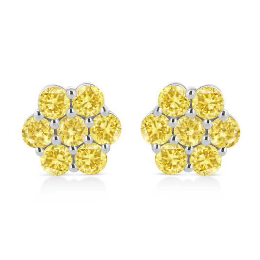 .925 Sterling Silver 1/4 Cttw Treated Yellow Diamond Floral Stud Earrings (Yellow Color, I1-I2 Clarity)