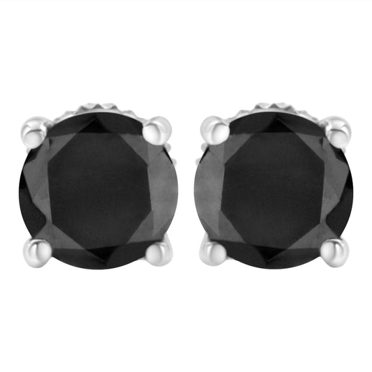 .925 Sterling Silver 2.00 Cttw Round Brilliant-Cut Black Diamond Classic 4-Prong Stud Earrings with Screw Backs (Fancy Color-Enhanced, I2-I3 Clarity)