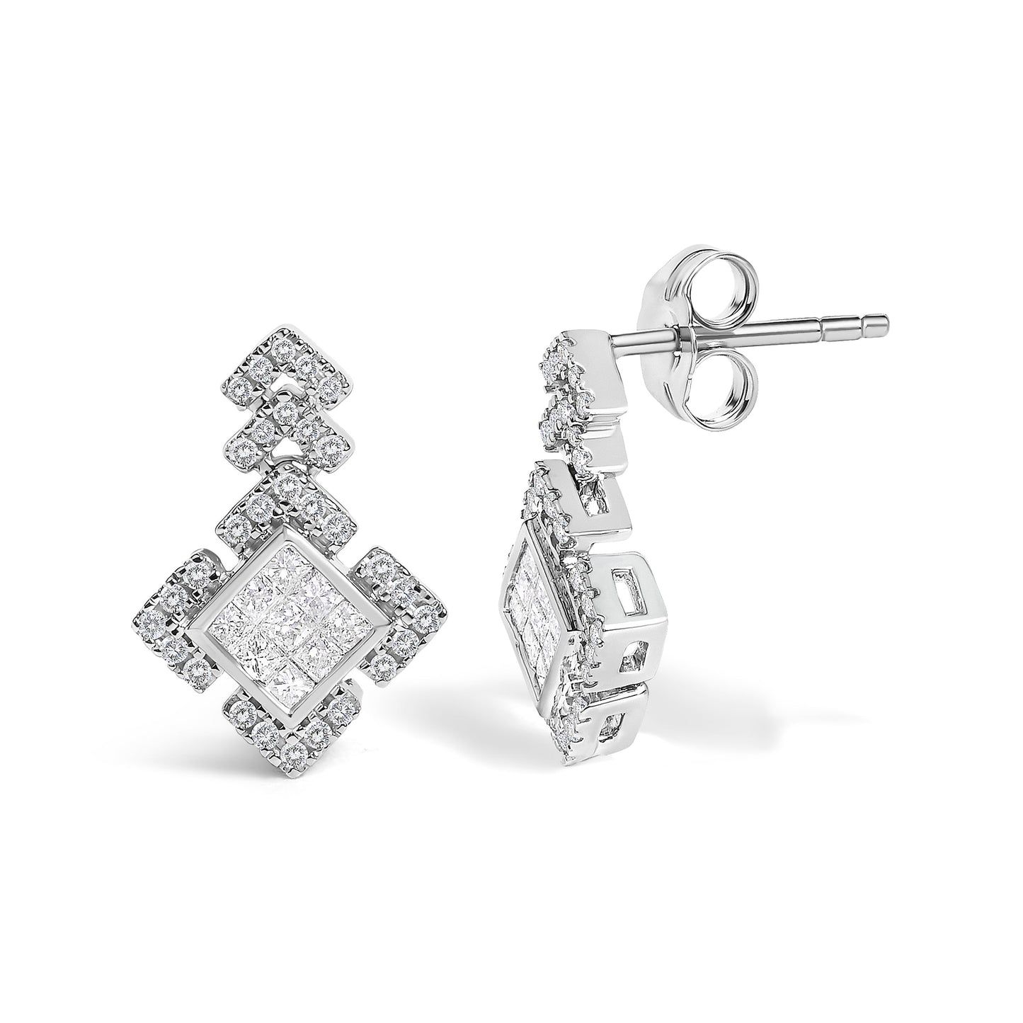 10K White Gold 3/5 Cttw Princess Diamond Geometric Drop Earrings