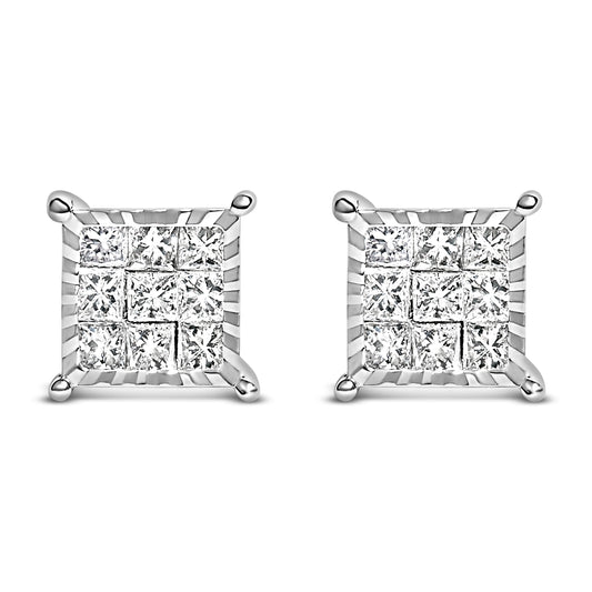 Sterling Silver 1/2 Cttw Princess Diamond Composite Square Stud Earrings