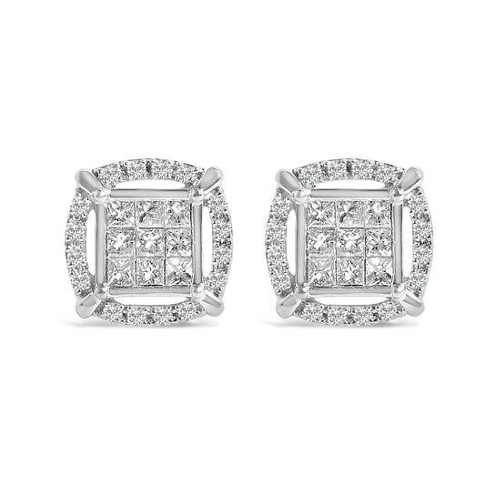 Sterling Silver 1 Cttw Princess Cut Diamond Square Halo Stud Earrings