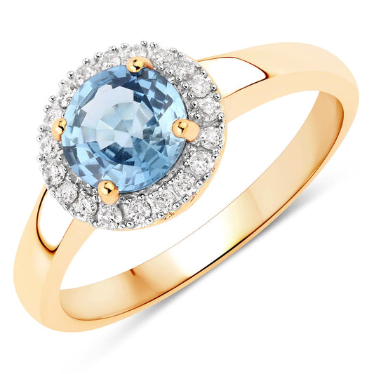 1.03 Carat Genuine Blue Sapphire and White Diamond 14K Yellow Gold Ring