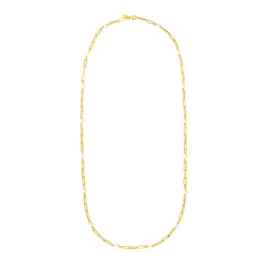 14k Yellow Gold Paperclip Chain and Pearl Necklace