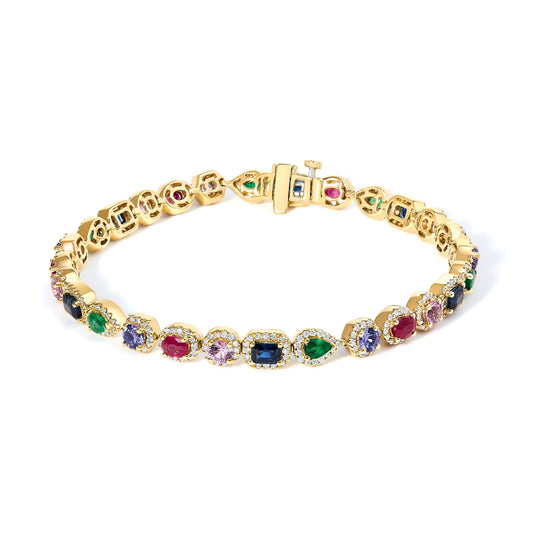 14K Yellow Gold Multi-Gemstone  and Diamond Halo Rainbow Tennis Bracelet