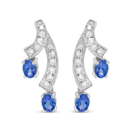 14K White Gold 4x3MM Oval Shaped Natural Blue Tanzanite Gemstone and 1/5 Cttw Diamond Double 3/4" Inch Drop Stud Earrings (H-I Color, VS1-VS2 Clarity)