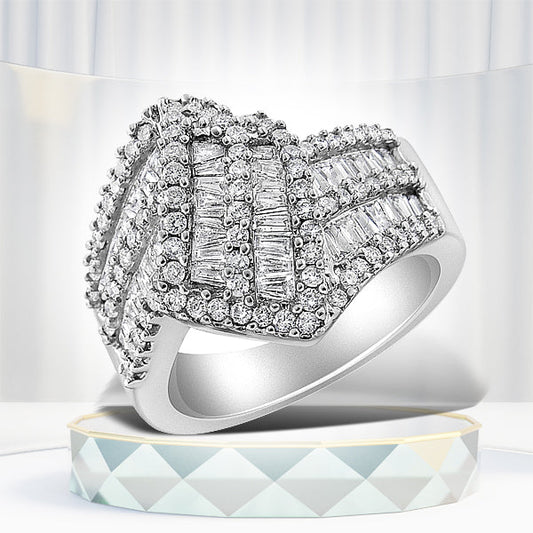 14K White Gold 1-1/2 Cttw Round and Baguette Diamond Bypass Cocktail Ring Band (H-I Color, SI1-SI2 Clarity) - Size 7