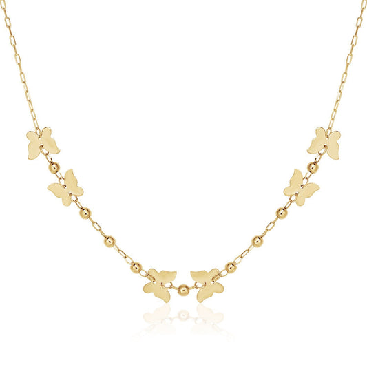 14k Yellow Gold 18 inch Necklace with Polished Butterflies and Beads