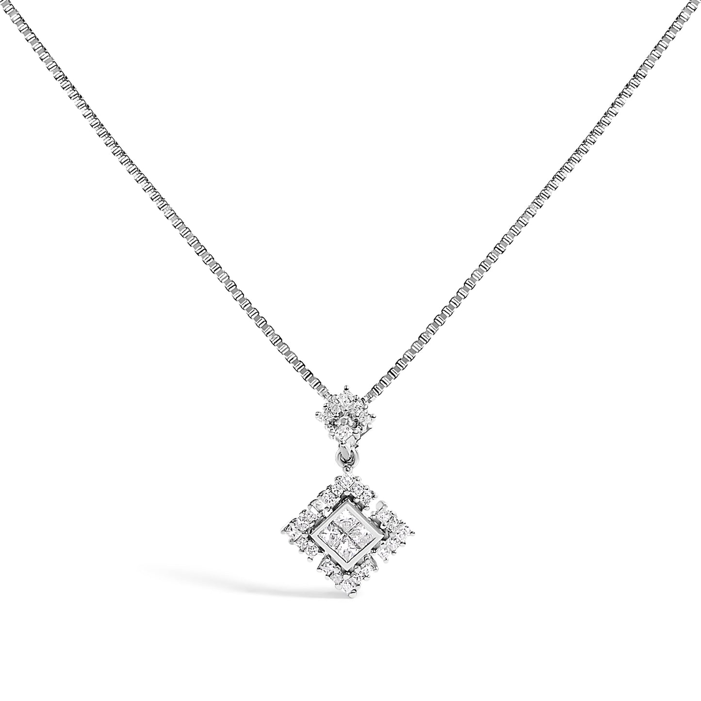 10K White Gold Princess Cut Diamond Geometric Pendant Necklace