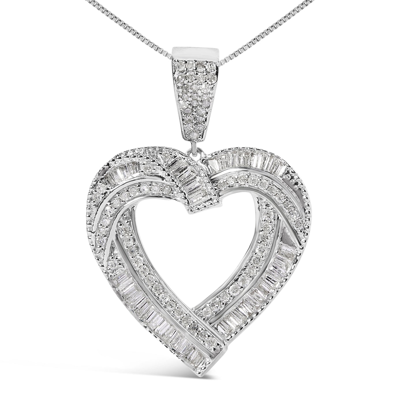 .925 Sterling Silver 1.00 Cttw Baguette and Round Diamond Open Heart Pendant Necklace