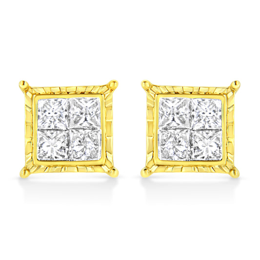 14K Yellow Gold 1 Cttw Princess Cut Diamond Square Stud Earrings