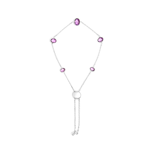 .925 Sterling Silver Bezel Set Purple Amethyst 5 Station Adjustable Bolo Bracelet