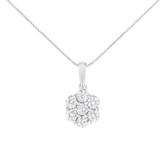 14K White Gold 2.00 Cttw Brilliant Round-Cut Diamond 7 Stone Flower Cluster 18" Pendant Necklace (H-I Color, SI2-I1 Clarity)