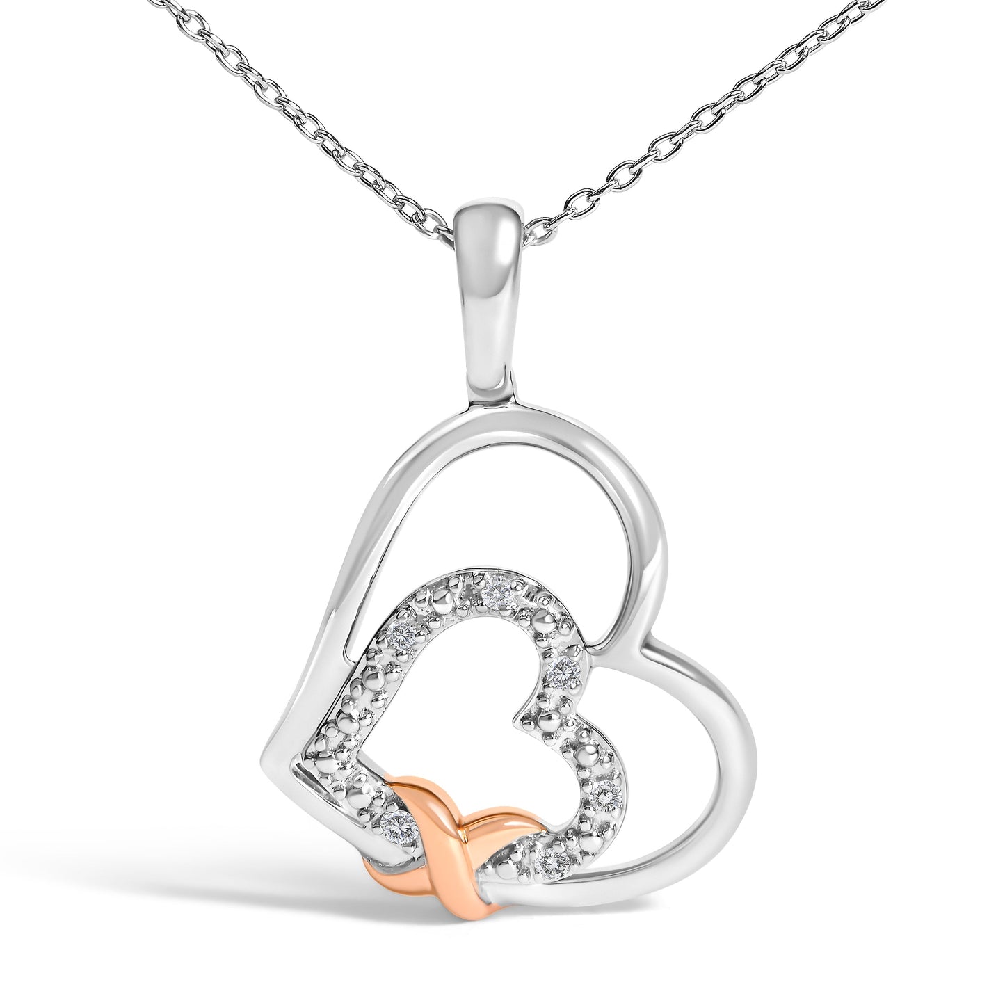 .925 Sterling Silver Double Heart Pendant Necklace with Diamond and 10K Rose Gold Accent