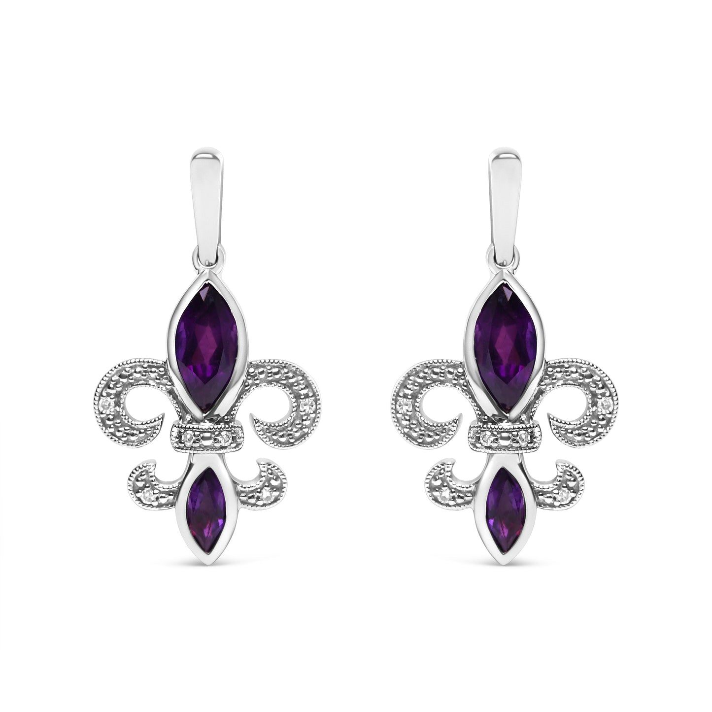 .925 Sterling Silver Marquise Cut Amethyst and Diamond Accent Fleur De Lis Dangle Stud Earrings (H-I Color, SI1-SI2 Clarity)