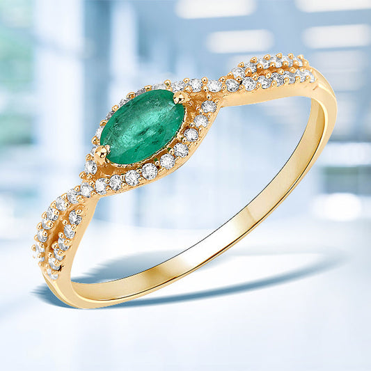 0.32 Carat Genuine Zambian Emerald and White Diamond 14K Yellow Gold Ring