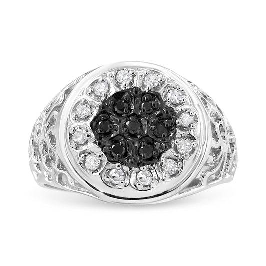 .925 Sterling Silver 1/4 Cttw White and Black Treated Diamond Halo Cluster Ring for Men (I-J Color, I3 Clarity) - Size 10
