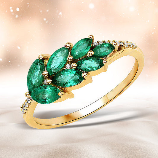 0.68 Carat Genuine Zambian Emerald and White Diamond 14K Yellow Gold Ring