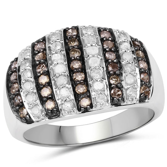 0.83 Carat Genuine Champagne Diamond and White Diamond .925 Sterling Silver Ring