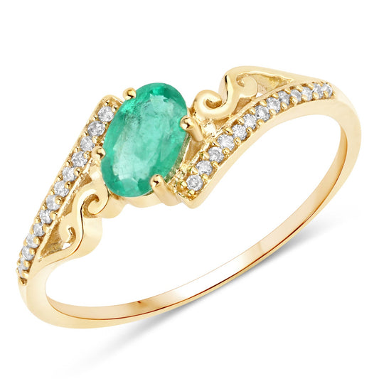 0.51 Carat Genuine Zambian Emerald and White Diamond 14K Yellow Gold Ring