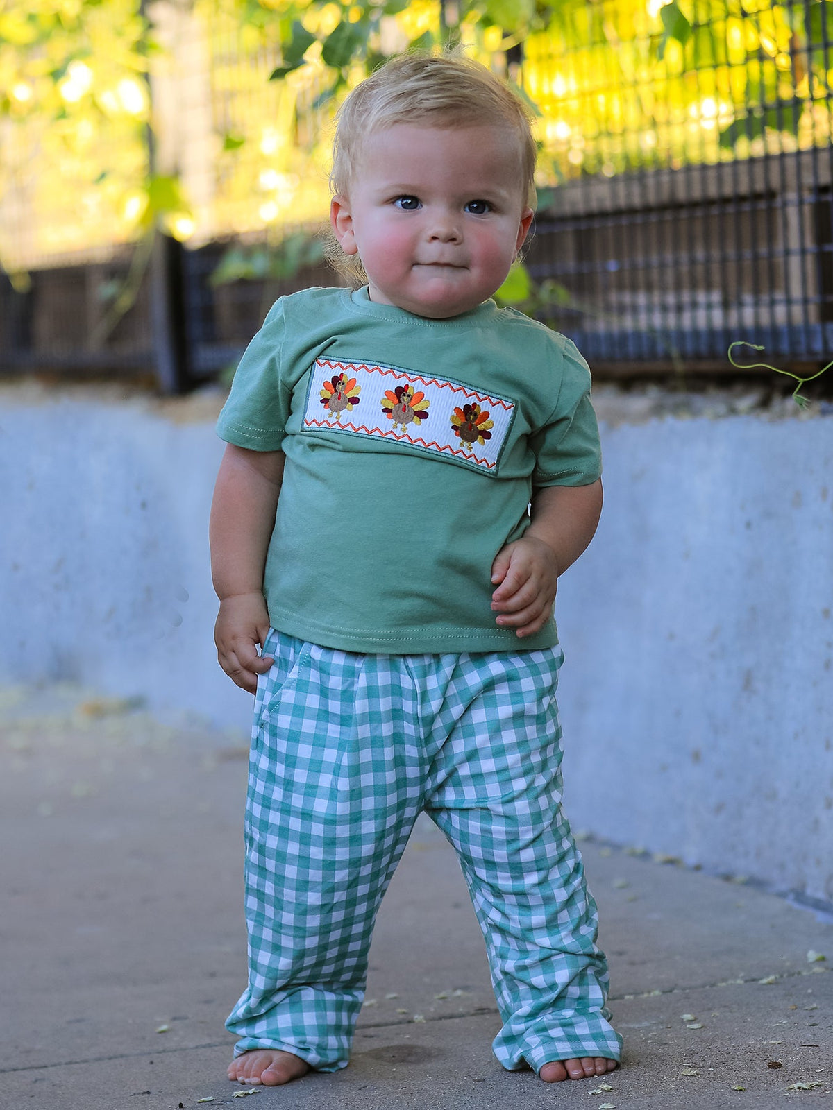 Fall Thanksgiving Turkey Smock Embroidered Green Plaid Boys 'Set