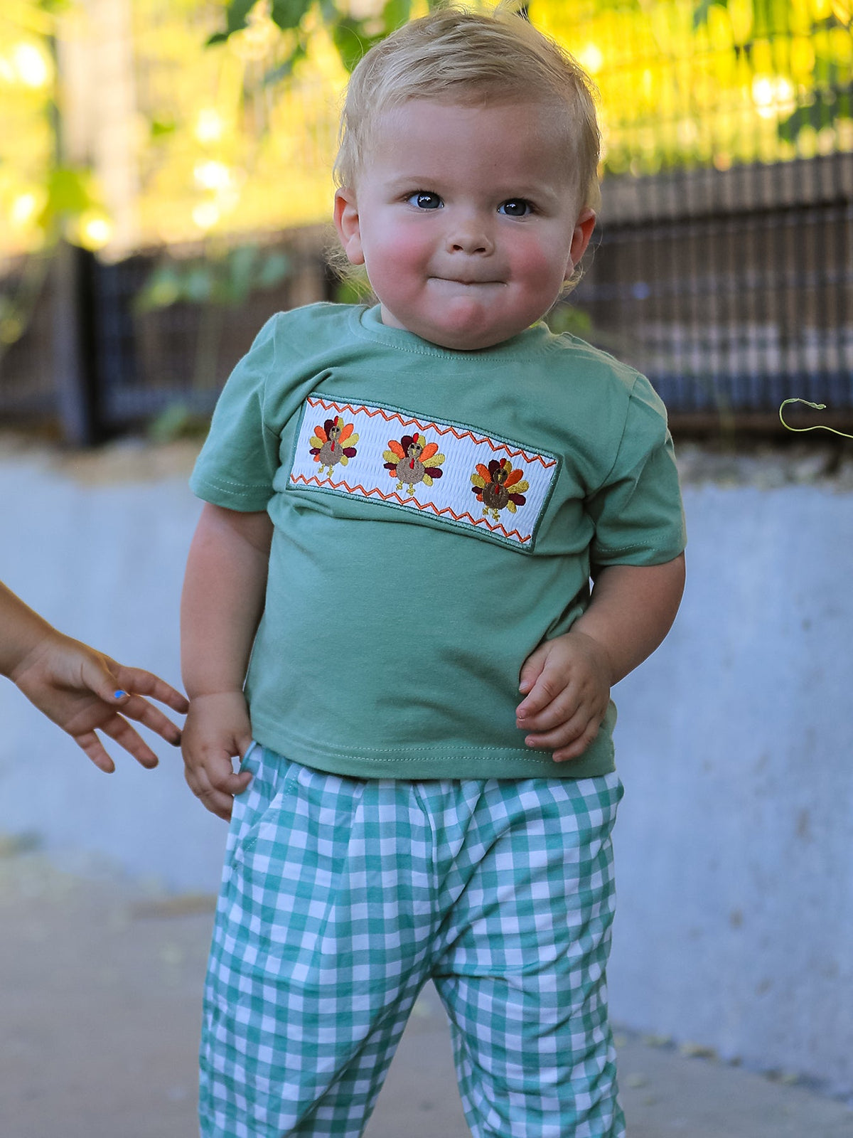 Fall Thanksgiving Turkey Smock Embroidered Green Plaid Boys 'Set