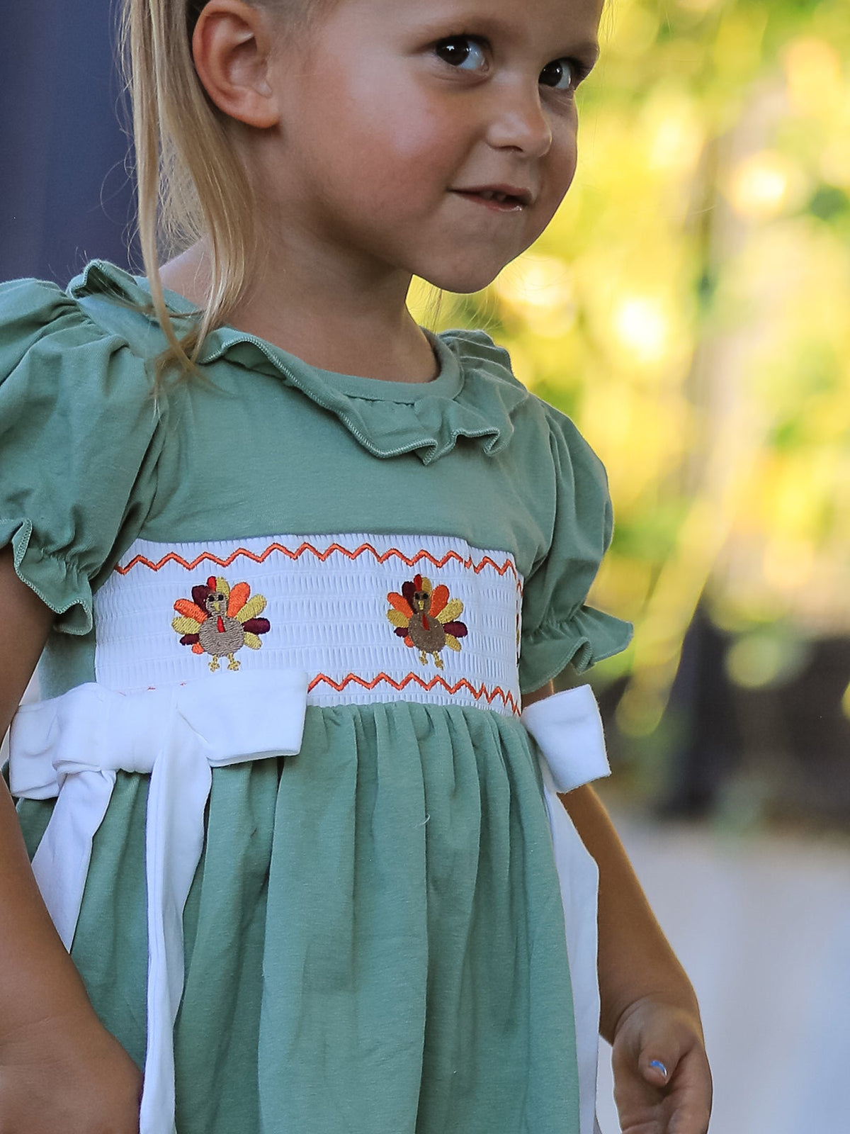 Fall Thanksgiving Turkey Smock Embroidered Green Plaid Boys 'Set