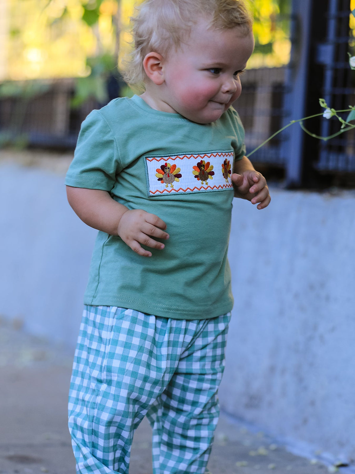 Fall Thanksgiving Turkey Smock Embroidered Green Plaid Boys 'Set