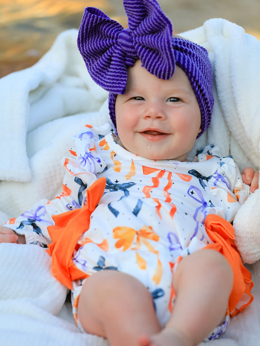 Halloween Bow Print Girls Romper Ruffle Bow Long Sleeve