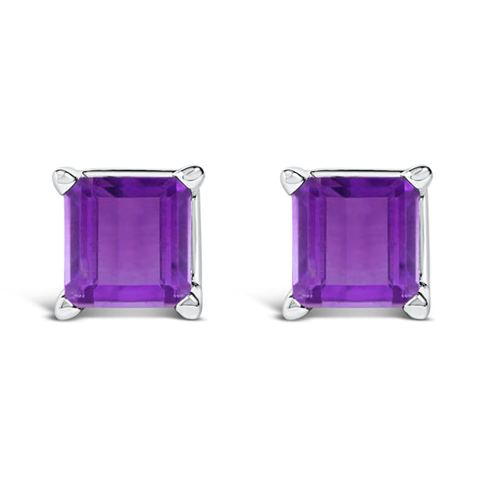14K White Gold 5x5MM Princess Cut Purple Amethyst Solitaire Stud Earrings