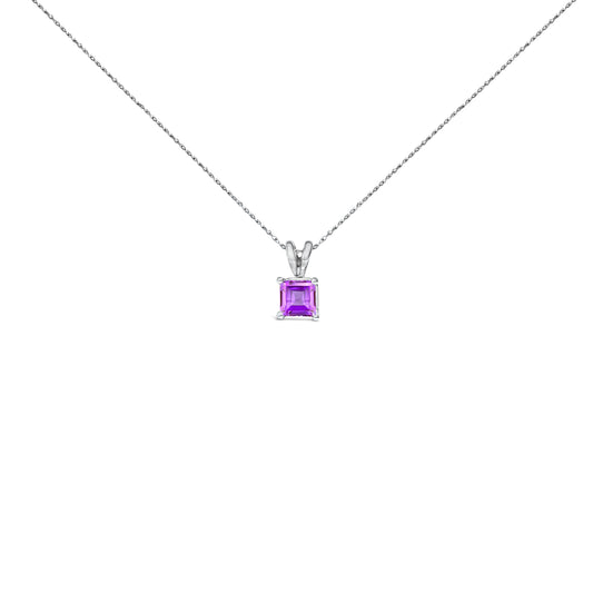 14K White Gold 5x5 MM Square Shaped Purple Amethyst Solitaire Pendant Necklace