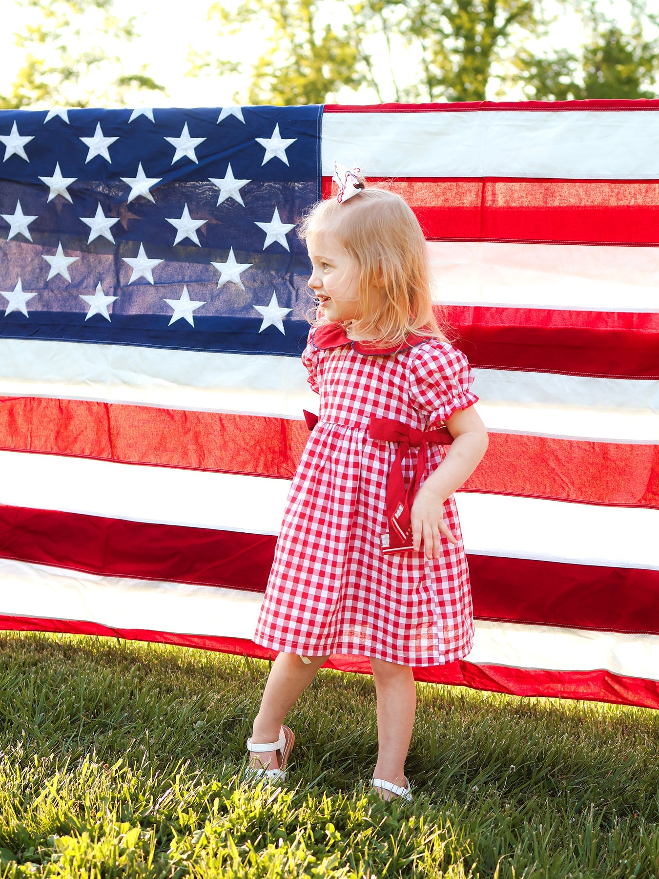 4th of July Flag Plaid Girl Peter Pan Collar Dress Bow