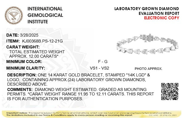 IGI Certified 14K White Gold 12.0 Cttw Pear Cut Lab Grown Diamond Tennis Bracelet